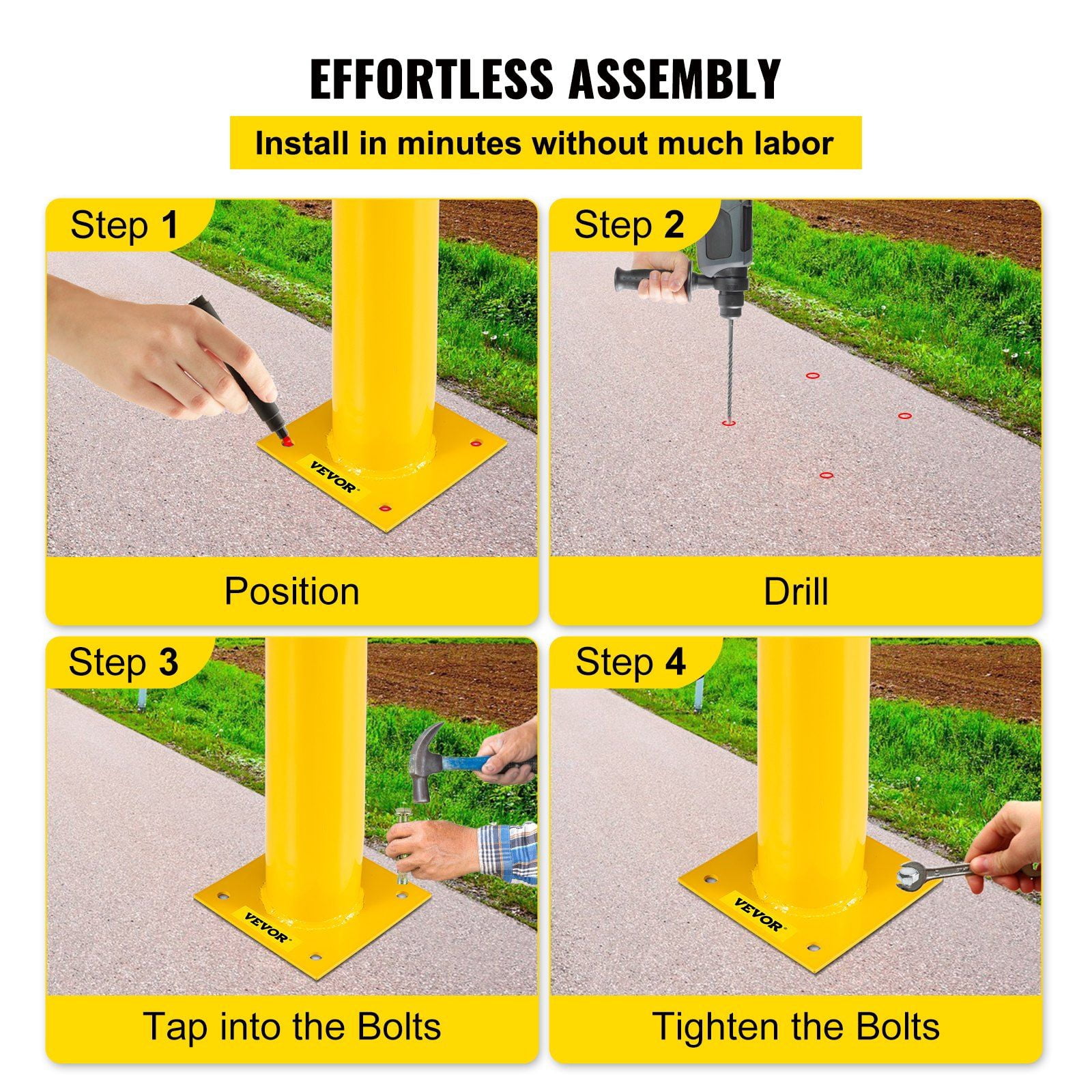 Safety Bollard, 42 Inch Height Bollard Post, 5.5 Inch Diameter Steel Pipe Safety Bollard Post, Yellow Steel Bollard, Steel Safety Bollard with 8 Anchor Bolts, Perfect for Traffic-Sensitive Area