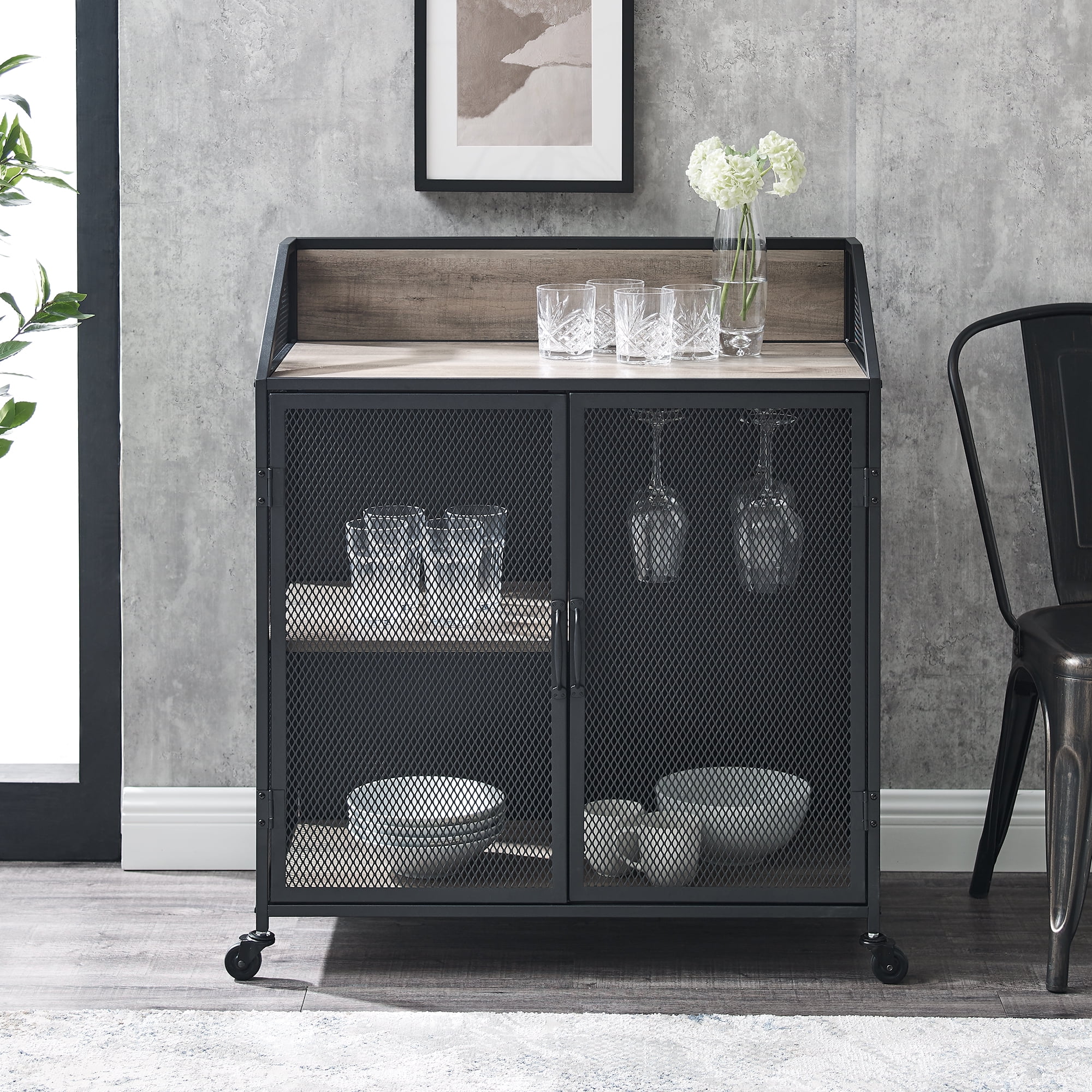 Walker Edison Industrial Bar Cabinet with Wheels, Grey Wash