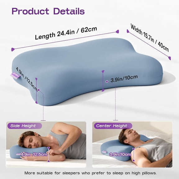 Cooling Side Sleeper Pillow - Patented Cervical Neck Pillow for Sleeping - Ergonomic Curved Memory Foam Pillow for Side Sleepers, Machine Washable Cover (Blue)
