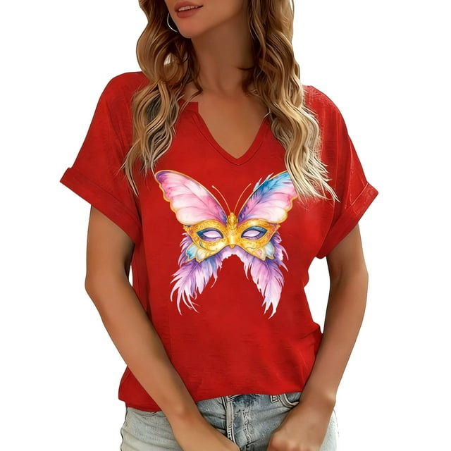 TIMIFIS Hauts Graphiques Décontractés pour Femmes Chemises d'Été Manches Courtes Chandail Col en V Printemps Léger Ample Confortable Sortie Tenue de Mode Blouse Vacances