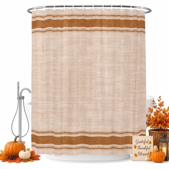 Orange Striped Shower Curtain Set, Waterproof Shower Curtains for Bathroom, Fall Horizontal Stripes Linen Texture Washable Fabric Cloth Bath Curtain for Bathtub Decoration with Hooks 60x72 Inches