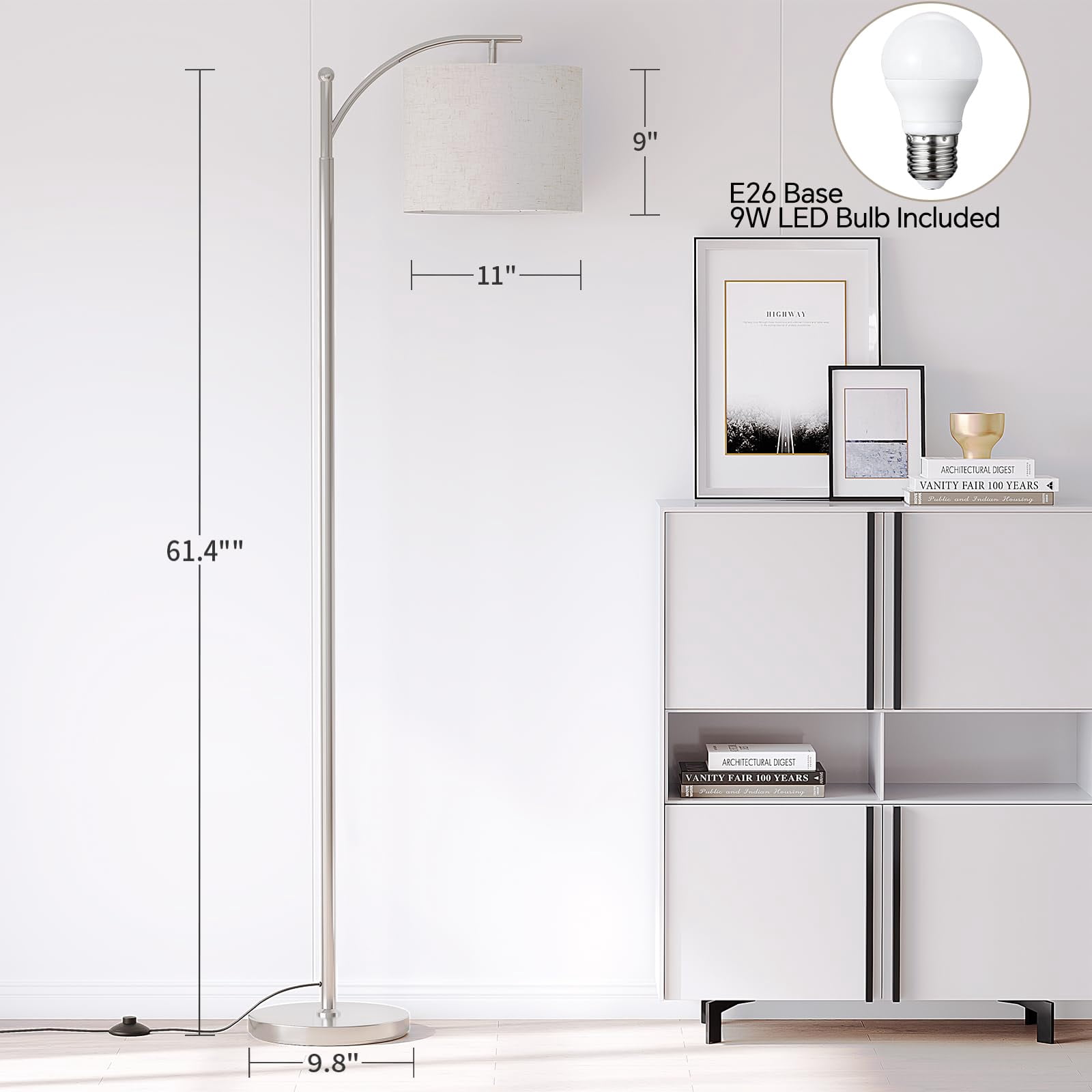 Arc Floor Lamp  Modern With 9w 3 Color Temperatures Bulb Metal Standing Lamps Adjustable Hanging Lampshade Tall For Living Room Bedroom Office