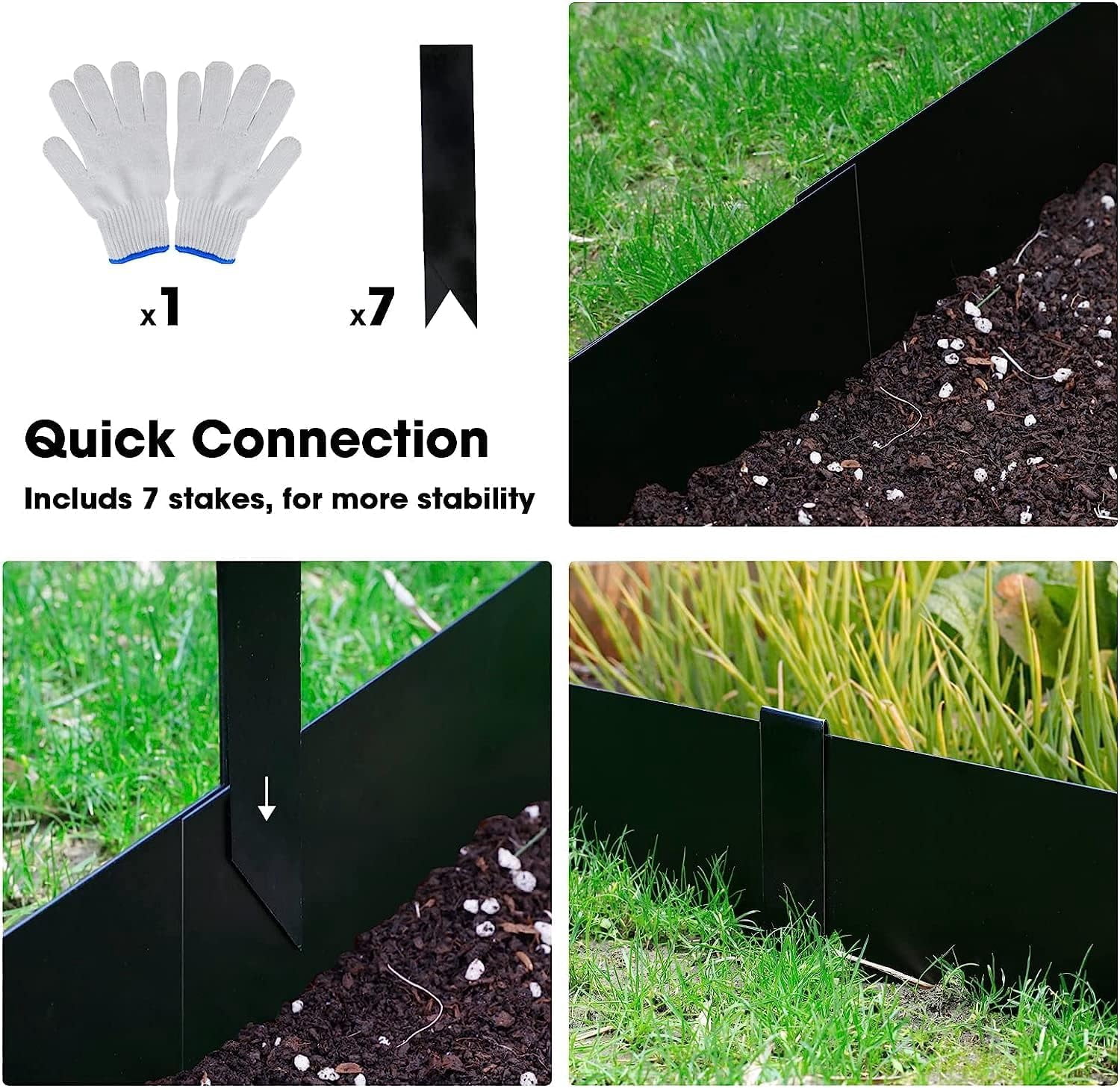 DAVYLINE 6-Pack Galvanized Steel Landscape Edging w/Black Powder Coating - 40" L x 6.5" H Strips - Hammer-in 16-Gauge Metal Edging Border w/ 7 Clips & Gloves - Edge for Lawn Yard (20Ft Total)