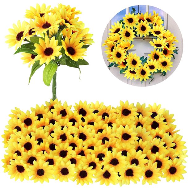 Girasol artificial Sunjoy Tech - Girasoles falsos amarillos pequeños de seda a granel para decoración de bodas, fiestas, manualidades con flores falsas, accesorios de bricolaje