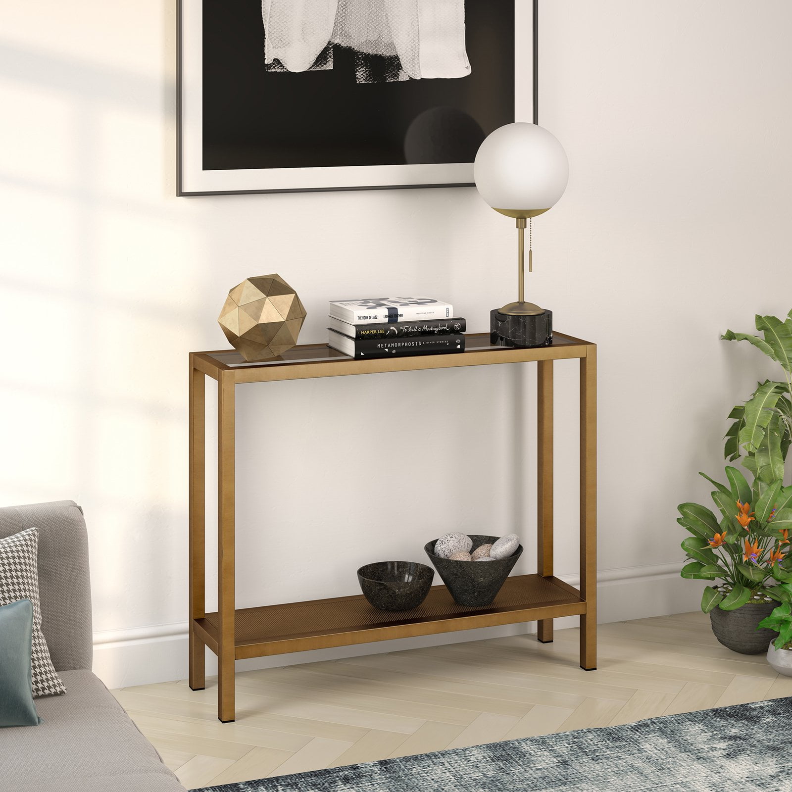Industrial Glass Sofa Console Table with Perforated Metal Storage Shelf