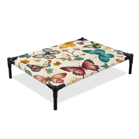 Retro Butterfly Flower Spring Elevated Dog Bed Colorful Linen Texture Rustic Cooling Breathable Outdoor Raised Dog Cot Bed with Metal Frame Non-Slip Feet for Large Dog 28x22in