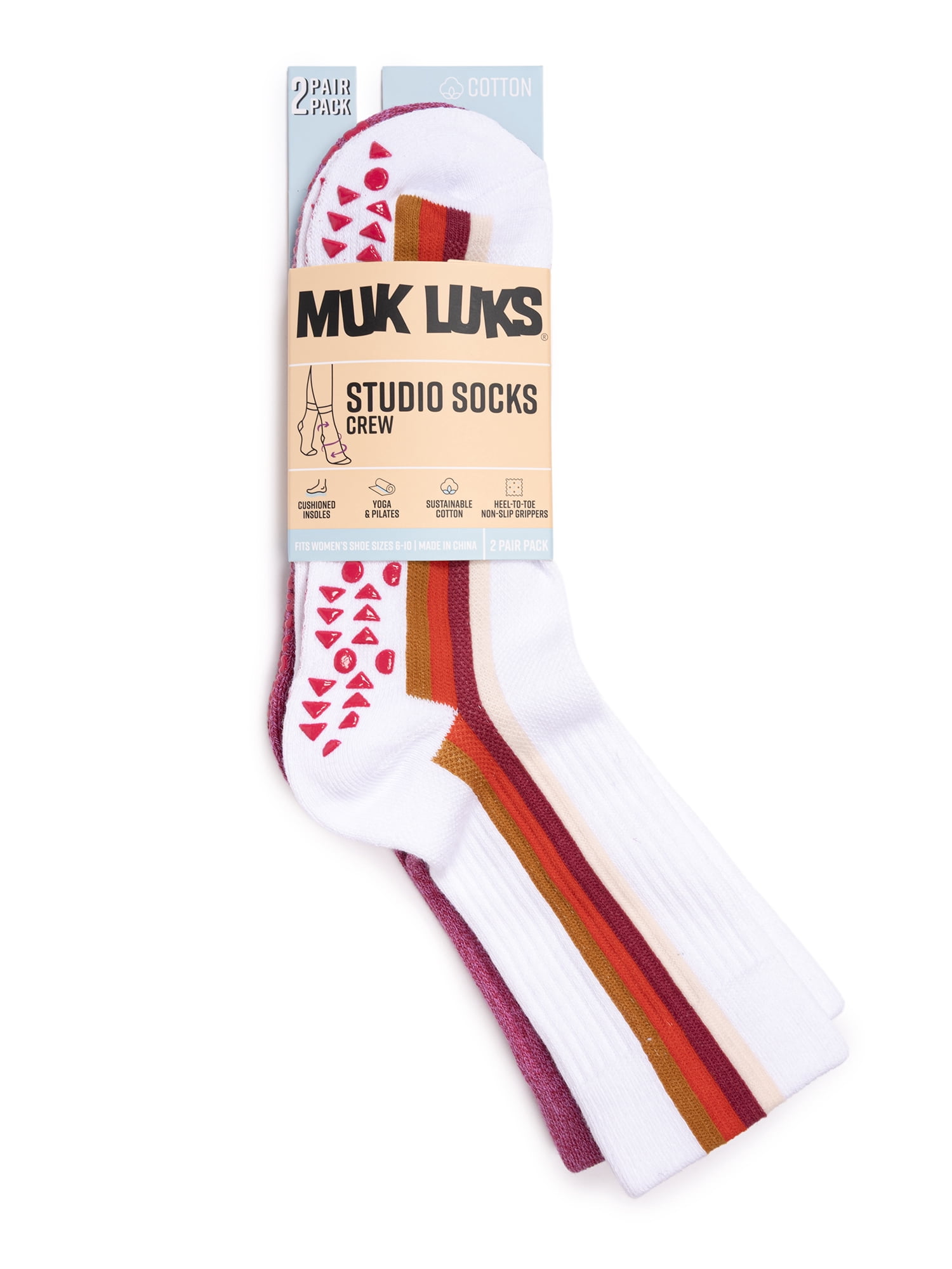 MUK LUKS Women's Pilates Cotton Crew Socks, 2-Pack, Shoe Sizes 6-10