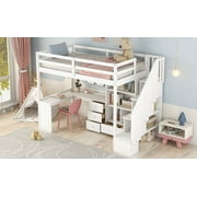 Pinovk Twin Size Loft Bed with L-Shaped Desk and Drawers, Cabinet and Storage Staircase, White