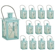 Kate Aspen Medium Decorative Lanterns - Set of 12 - Luminous Blue Metal Lantern Tealight Candle Holders Centerpieces for Wedding, Home Decor and Party - 6.3" H (8.9" H with Handle)