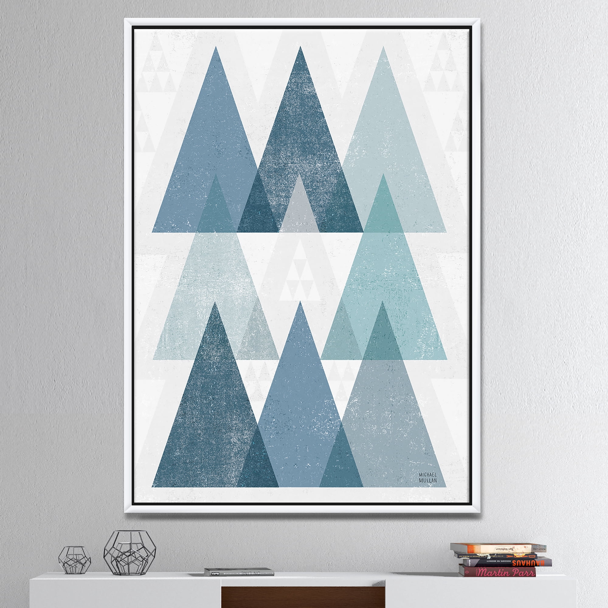 Designart ' minimal Triangles IV Blue ' MidCentury Modern Framed