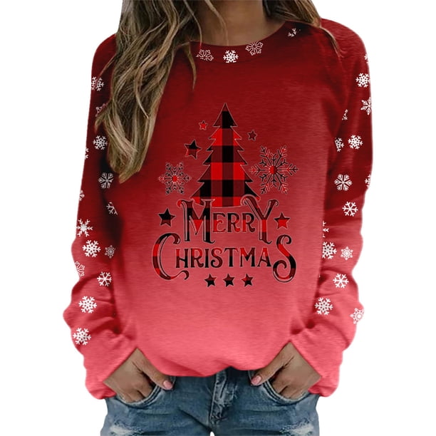 Gibobby Sudaderas navideñas Sudadera para Mujer con Estampado De Navidad, Cuello Redondo, Cuello Redondo, Tops Cómodos, Camisas De Entrenamiento De Manga Larga(Rojo de la sandía,G)