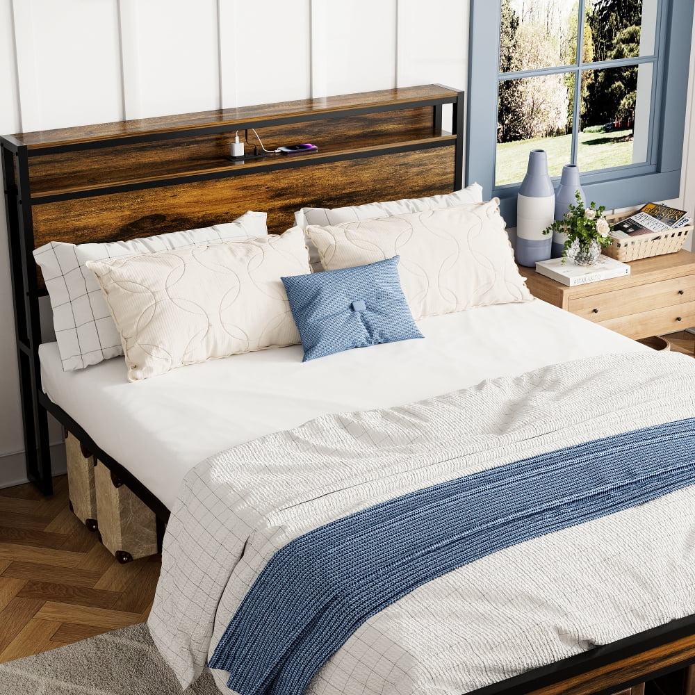 Queen Size Bed Frame, Storage Headboard with LED light, Charging Station
