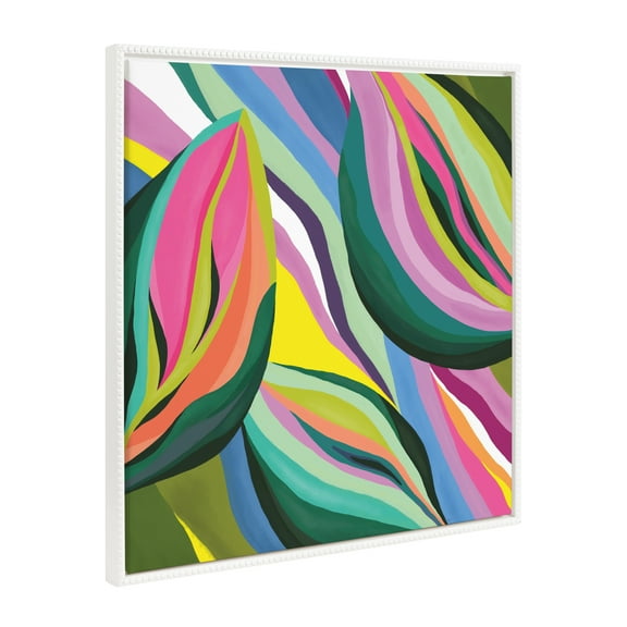 Kate and Laurel Sylvie Beaded Abstract Colorful Leaves Vintage Framed Canvas Wall Art by Carey Copeland, 30x30 White, Bright Vibrant Leaf Art for Wall