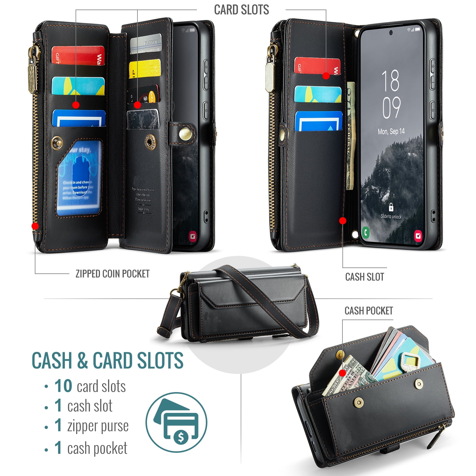 Compatible with Samsung Galaxy S25 Plus S25+ 5G Zipper Wallet Phone Case Tempered Glass Screen Protector Crossbody Lanyard Strap Flip Card Holder Slot Cell Cover for S25Plus 25S + S 25 Women Black