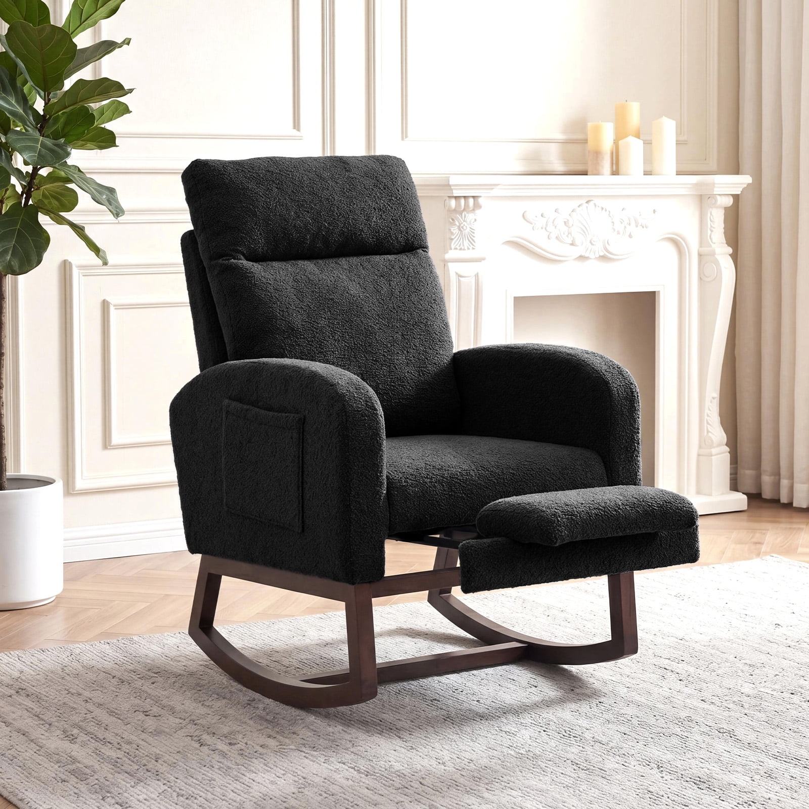 Teddy Fleece Nursery Rocking Chair, Upholstered Glider with 26" High Backrest, Padded Seat and Side Pocket, Modern 300 Lbs Capacity Rocker Recliner for Living Room, Bedroom, Nursing Room