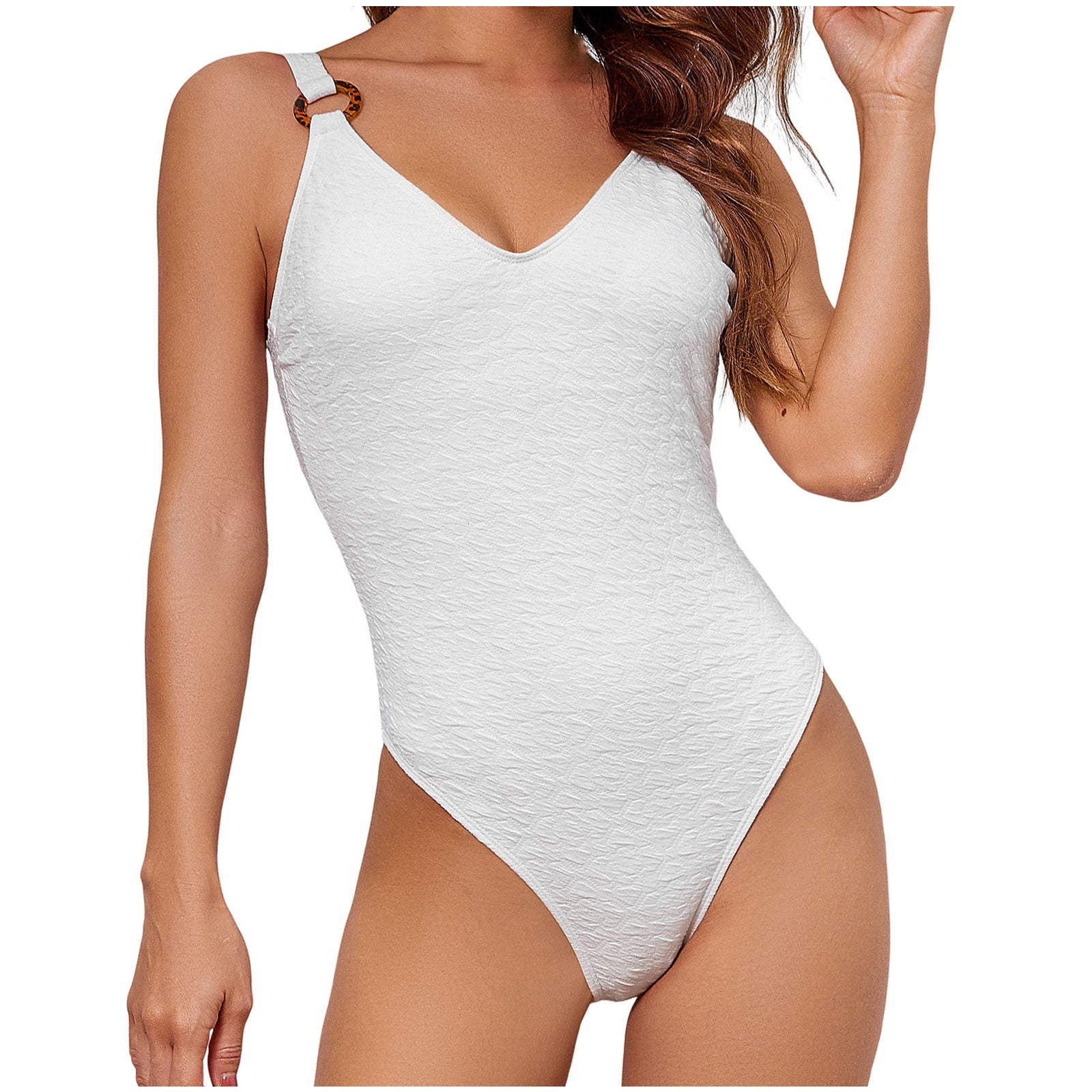 Ladies Retro Swimsuit One Piece Fashion Textured V Neck O-ring