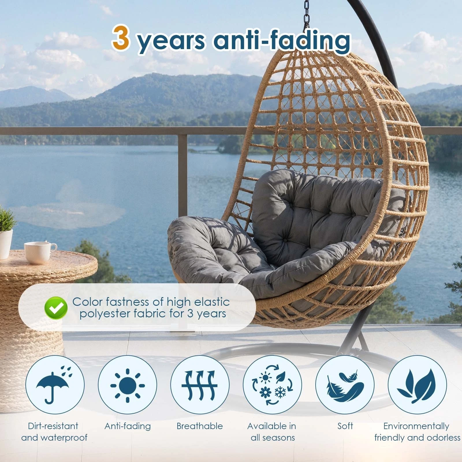 TOPCHANCES Egg Chair Cushion Only, Water-Resistant Outdoor Rocking Chair Cushion, Thick Papasan Seat Cushion with Ties for Patio, Porch, Balcony, Garden (Gray)