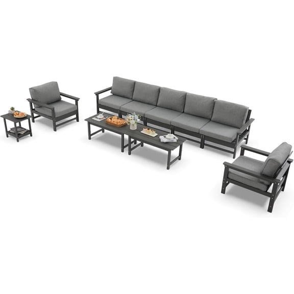 HDPE Outdoor Patio Furniture Set, 10-Piece Sofa Set with 5-Seat Couch, 2 Armchairs,Side Table & 2 Coffee Tables, Weatherproof Conversation Set with Cushions,for Garden, Porch & Backyard
