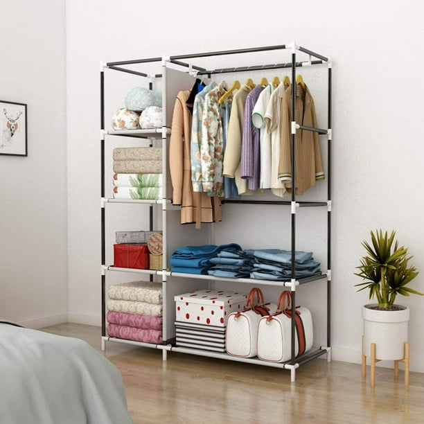 UDEAR Portable Wardrobe Closet Clothes Organizer Non-Woven Fabric Cover  with 6 Storage Shelves, 2 Hanging Sections and 4 Side Pockets，Grey :  : Home