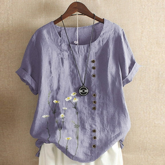 PBNBP Linen Shirts for Women,Summer Women Plus Size Cotton Linen T-Shirt Casual Daisy Blouses Tops Short Sleeve Crewneck Loose Tunic Comfy Soft Tees