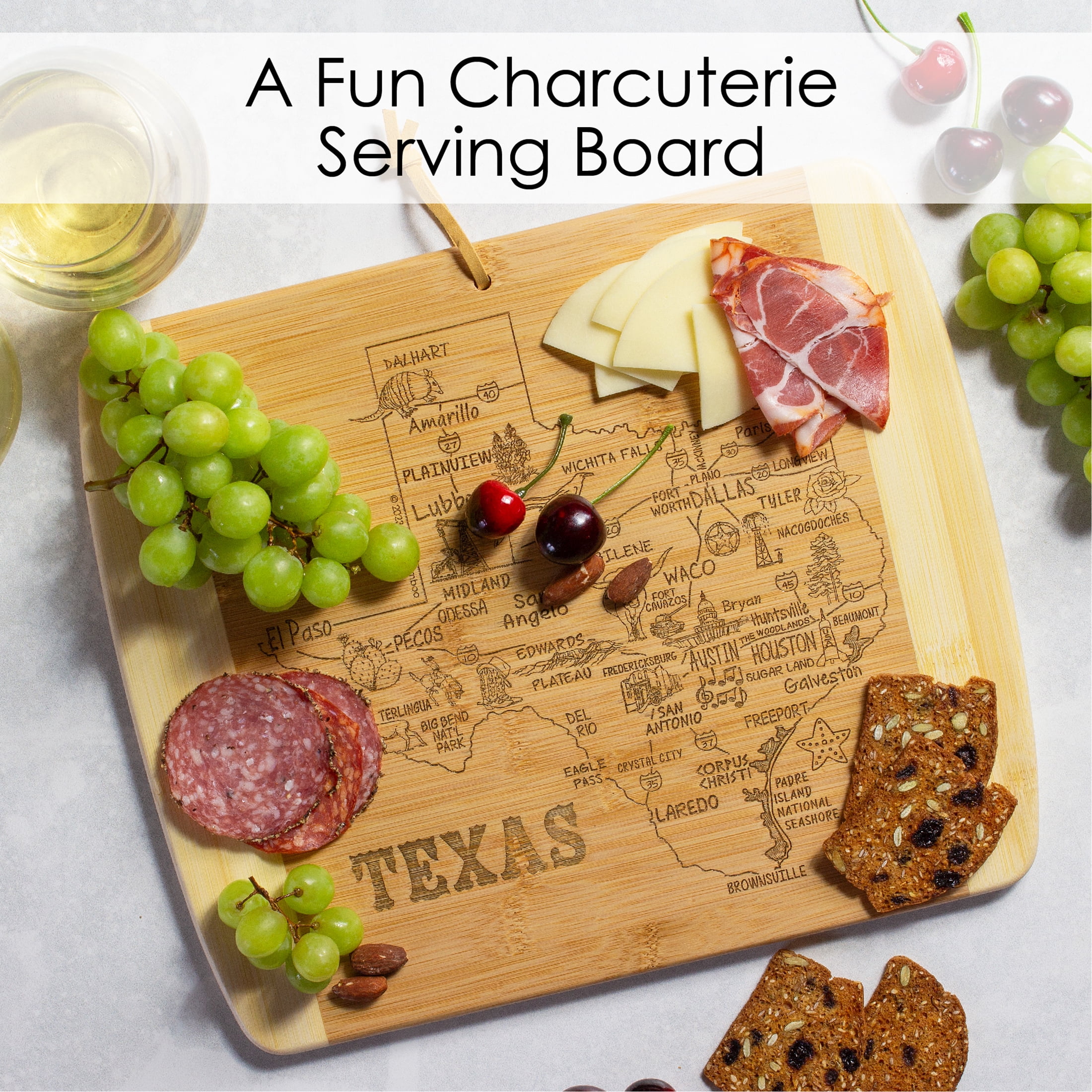 (2 pack) TB Home Texas State Bamboo Wood Cutting Board and Charcuterie Serving Platter, 13” x 11”