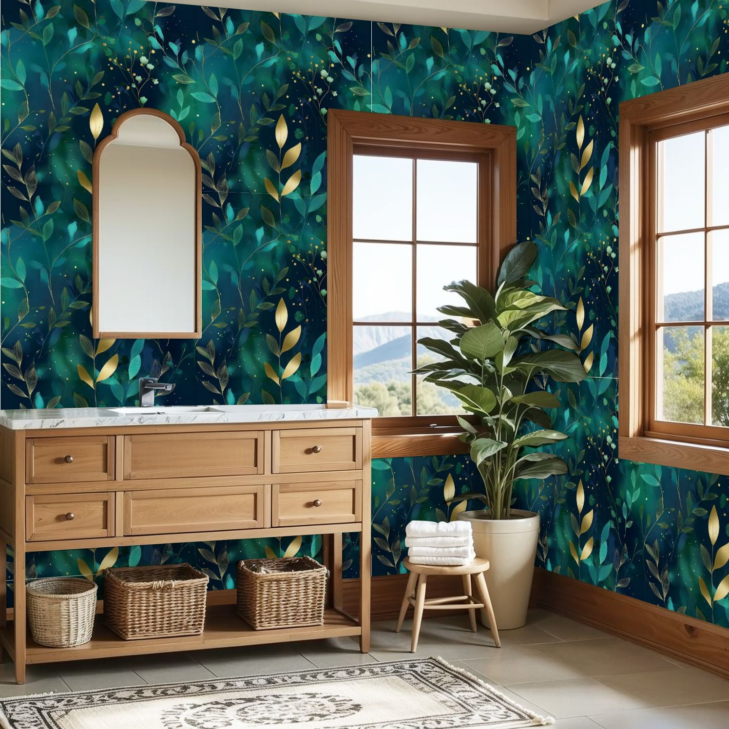 Peel and Stick Wallpaper 23.6in x 9.8ft Seamless Botanical Golden Teal Leaves Dark Green Contact Paper Vinyl Self-Adhesive Removable Wall Paper for Bedroom DIY Home Decor Renter Friendly