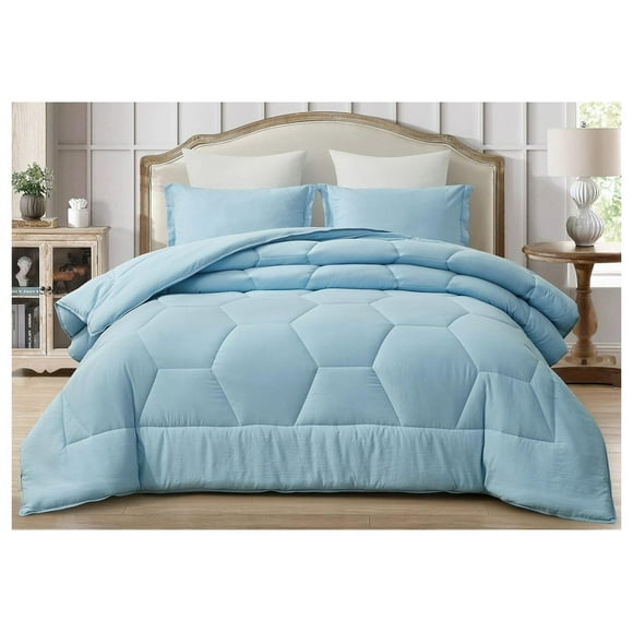 Chambray Blue Comforter Set Queen Size 3-Piece Fluffy Soft Lightweight Bedding Honeycomb Geometric Stone-Washed Microfiber Comforter Set for All Season