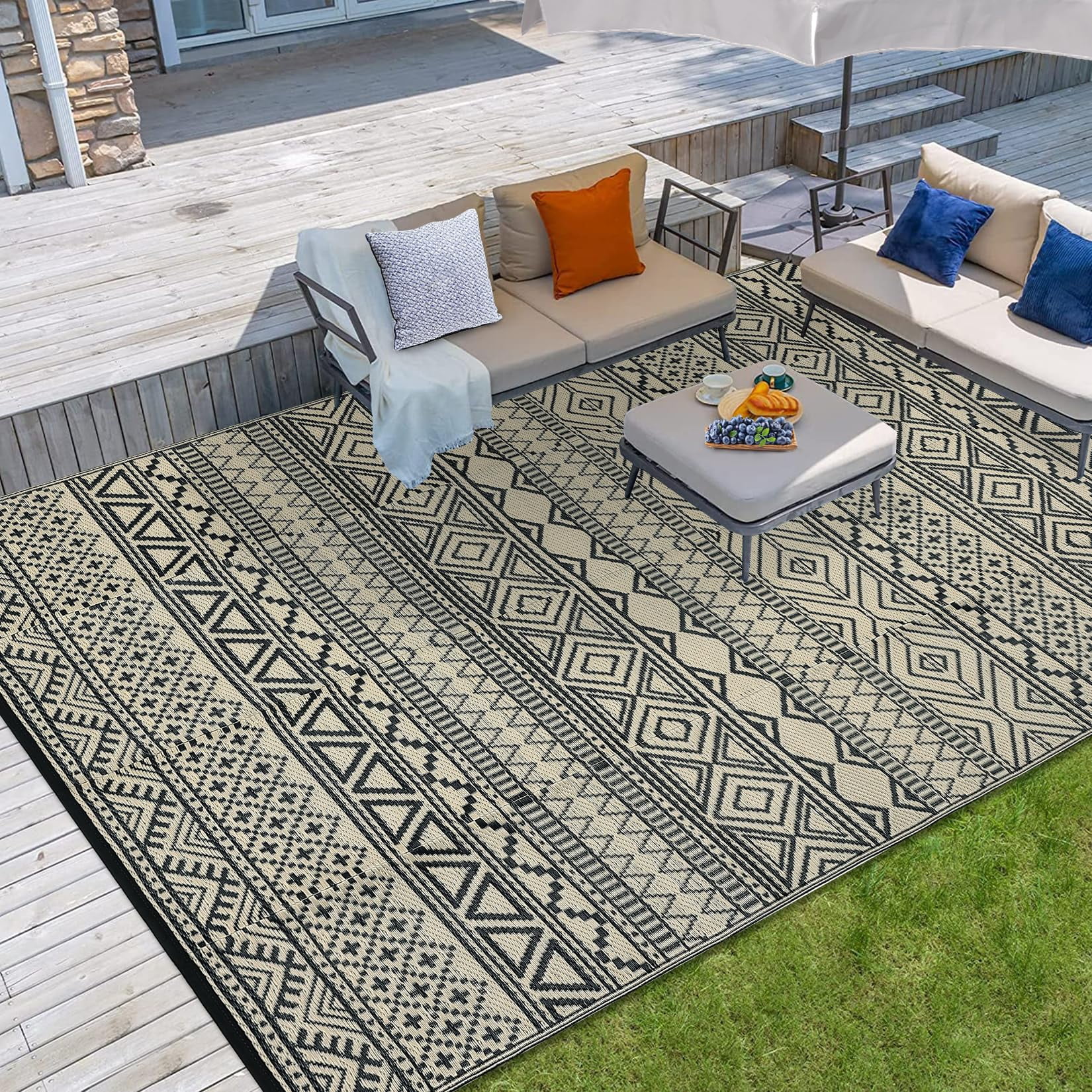Nanan 5x8 Outdoor Plastic Rug,Portable Plastic Outdoor Rug, Waterproof & UV Resistant, Non-Slip, Easy to Clean for Camping, Patio, Garden, Beach, Picnic, Black Coffee