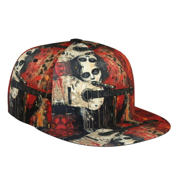 Flat Bill Trucker Hats for Women Men - Abstract Skull Guitar Art Adjustable Flat Baseball Cap Snapback Hats Dad Hats for Men