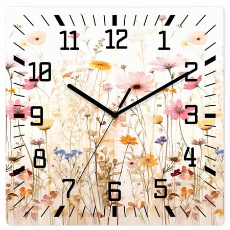 Colorful Wildflower Wooden Wall Clock Silent Non Ticking, Botanical Vintage Floral Country Retro Square Wall Clocks Battery Operated, Decor Clock for Home Office, Living Room, Kitchen, 12 Inch