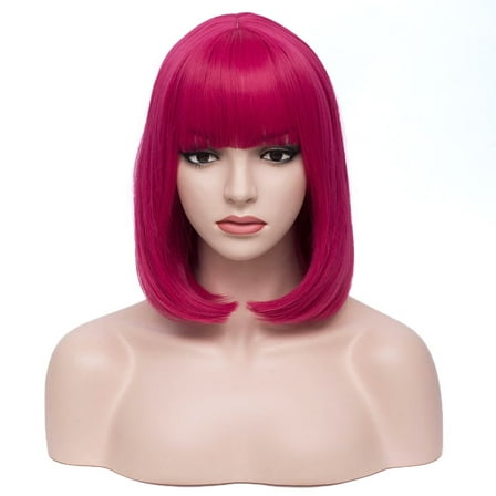 UTOURS 12'' Hot Pink Bob Wig for Women Short Straight Hot Pink Hair Wig with Bangs Synthetic Heat Resistant Wigs for Cosplay Party Halloween with Wig Cap