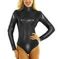 thumbnail image 2 of Long Sleeve Metallic Bodysuit Women Shiny Dance Leotard Turtleneck Latex Bodysuit, 2 of 6