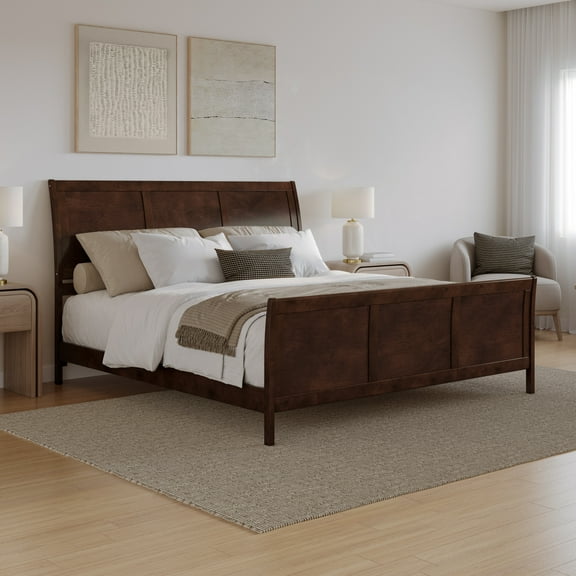 Portland King Low Profile Wood Platform Bed with Matching Footboard in Walnut