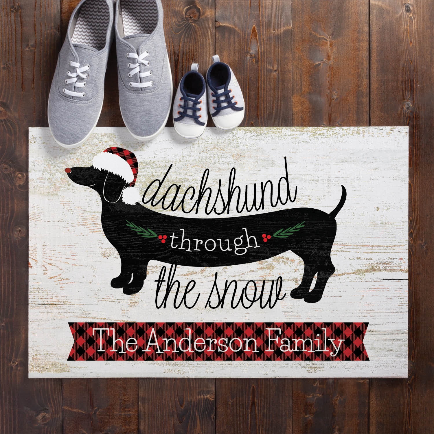 Personalized Planet 27x18 Dachshund Through The Snow Christmas Doormat with Custom Family Name Printed on Rectangular 1/8” Thick Non Slip Mat for Kitchen Hallway Deck or Porch
