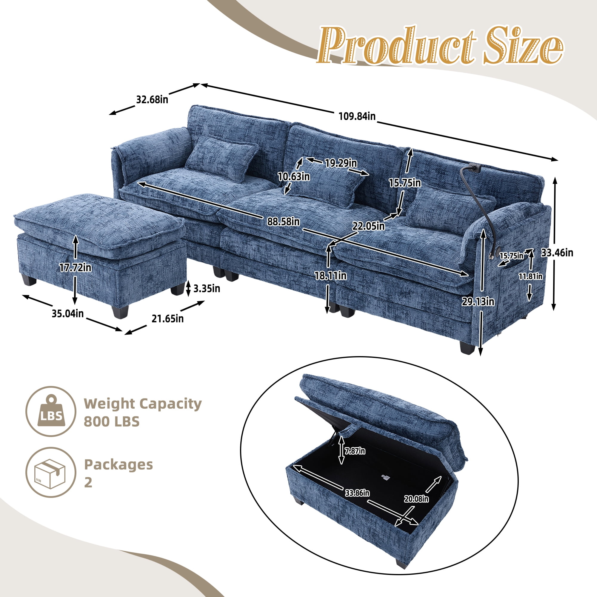 MOONMISS Chenille Upholstered L-shaped Modular Sectional Sleeper Sofa with Movable Storage Ottoman,USB&TYPE-C-Navy Blue