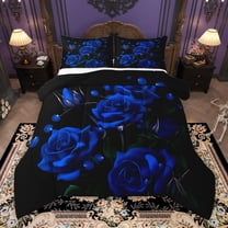 Manfei Fashion Blue Rose Full Size Comforter Sets for Adult, Flower Floral Bedding Comforter Set, Romantic Anniversary Reversible Bedding Sets, Luxury Bedroom Decor, 3 Pieces