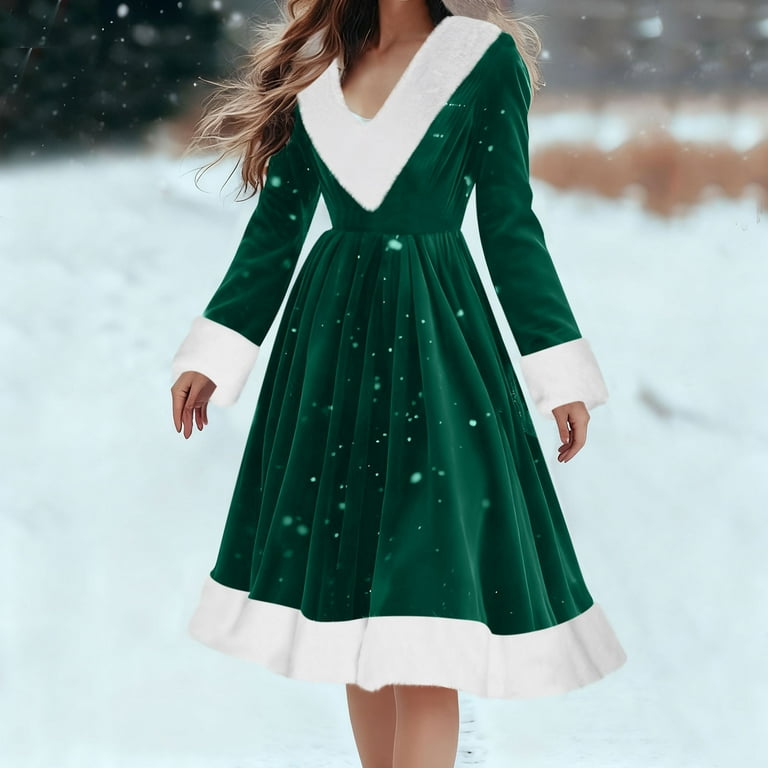 BiZtdJrK Christmas Dress for Women Velvet V Neck Long Sleeve Faux Fur  Collar Midi Dresses Holiday Party Gowns, Green, XL