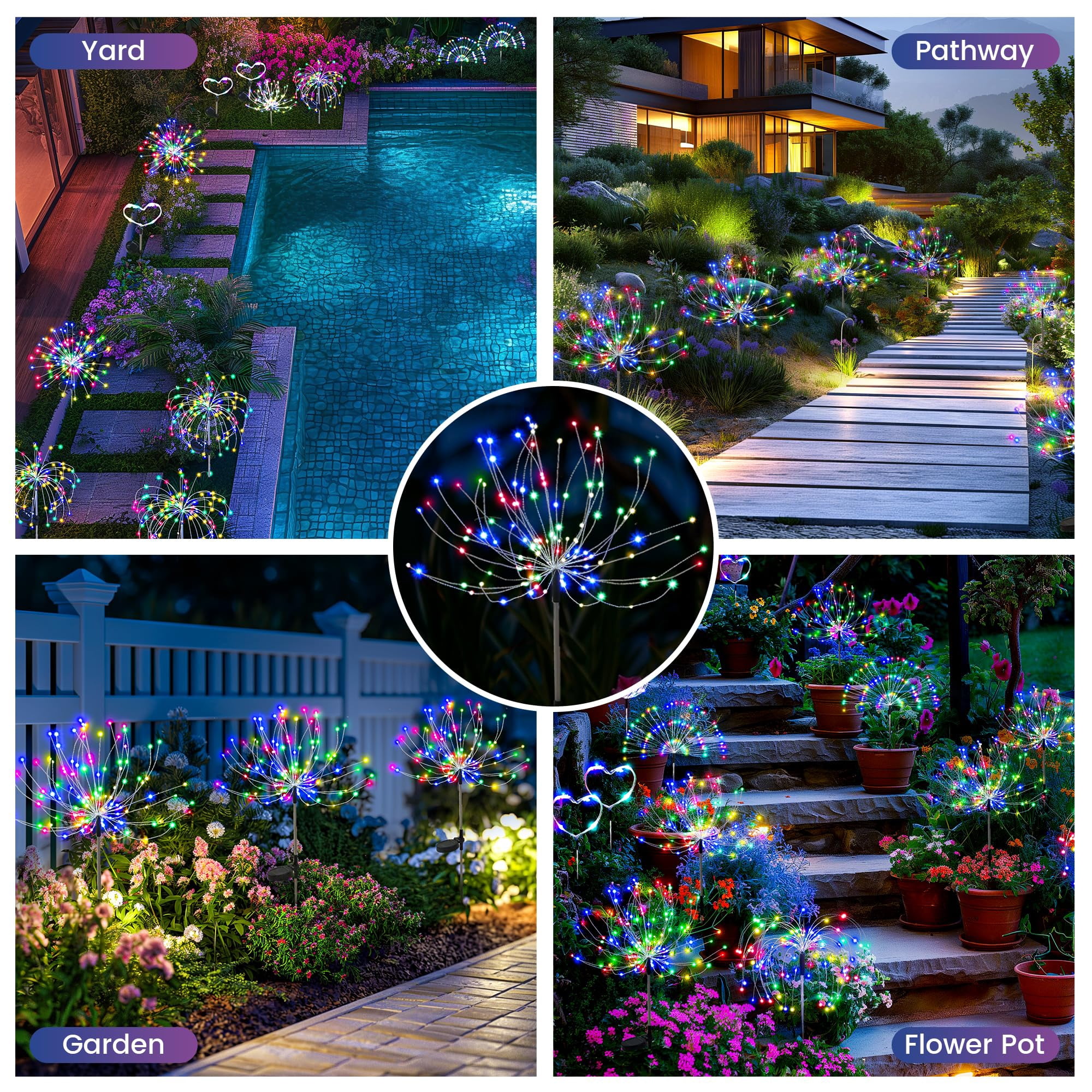 Garden Decor Solar Lights Outdoor,4Pack 120LED Waterproof Colorful Solar Garden Lights Outdoor Decoration,Yard, Patio, Porch,Flower Pot,Pathway,Christmas