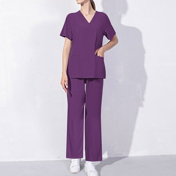 Hanen Basic Scrub Set for Women - Slim V-Neck Scrub Top & Multi Pocket Skinny Cargo Scrub Pants