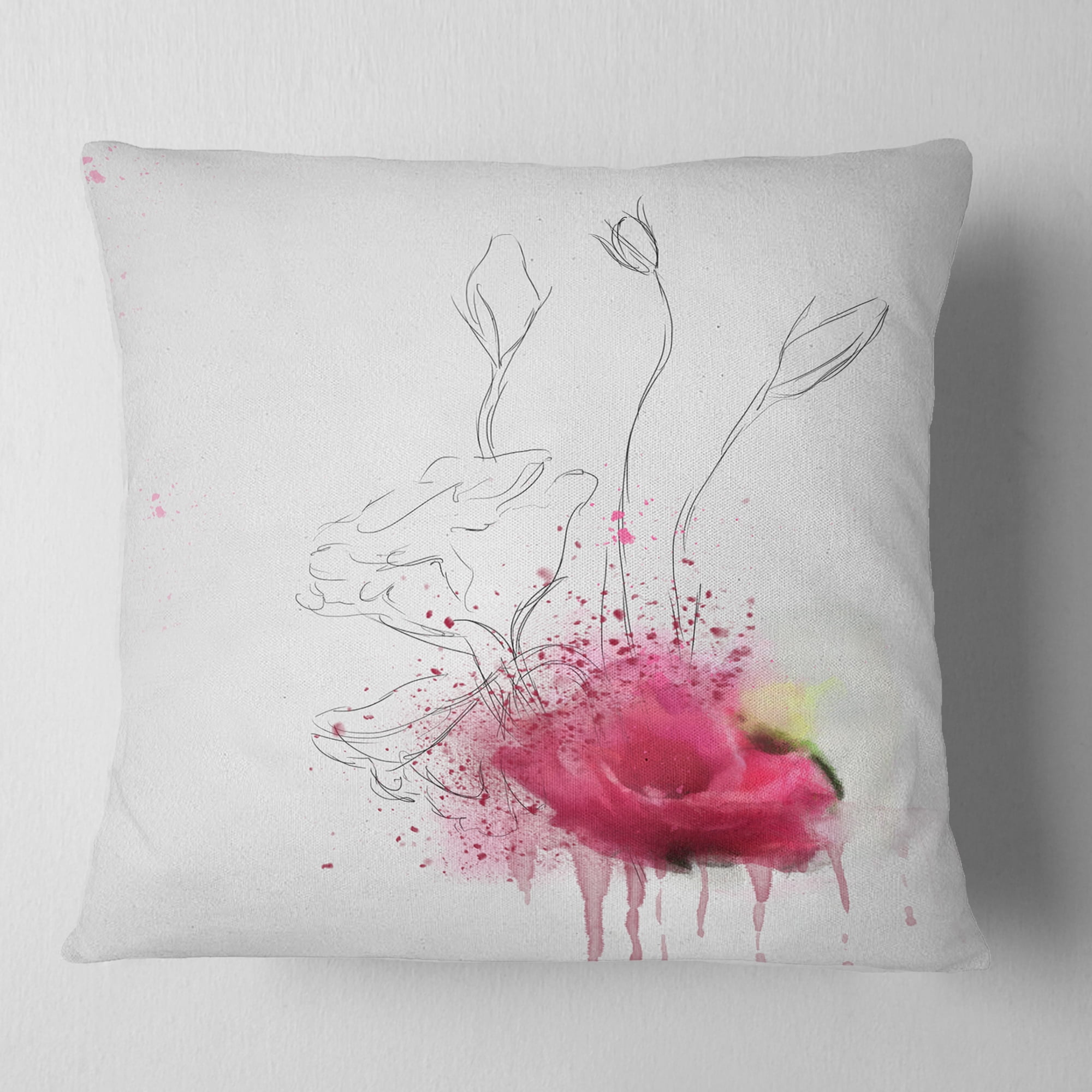 Designart Rose Flowers Sketch with Color Splashes - Floral Throw Pillow - 18x18