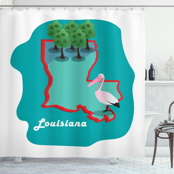 Louisiana Shower Curtain, Pelican State Map with Cartoon Animal and Forest Tourist Attraction Illustration, Fabric Bathroom Set with Hooks, 69W X 70L Inches, Multicolor, by Ambesonne
