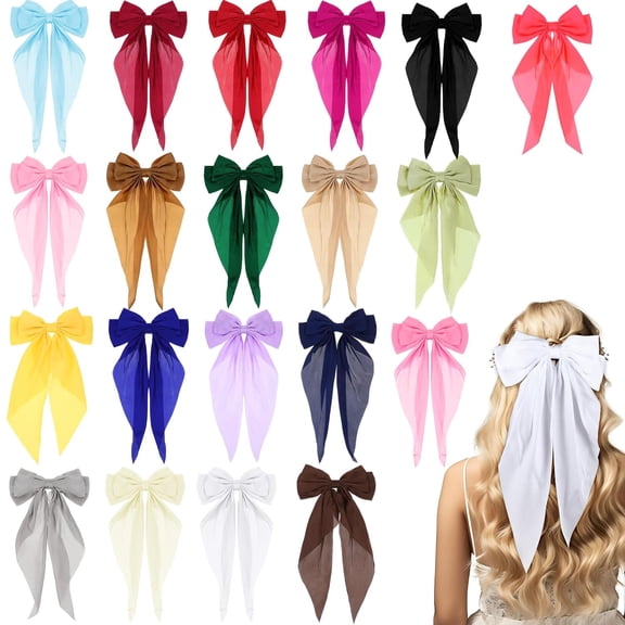 Satin Hair Bows for Women, 20 Pcs Big Hair Bows with Long Tails Ribbon Barrettes Hair Clips Silky Soft Hair Pins Vintage French Hair Accessories for Girl Princess