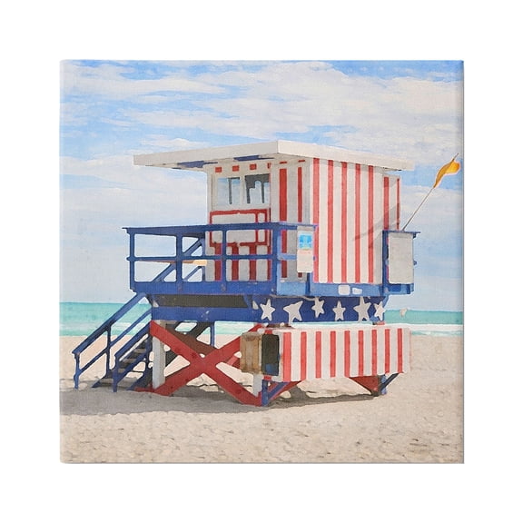 Stupell Industries Striped Lifeguard Hut Nature Painting Gallery Wrapped Canvas Print Wall Art, 17 x 17