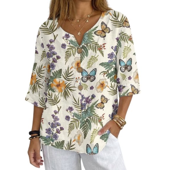 Xoenoiee Vintage Butterfly Floral Print Linen Shirts for Women Linen Tops V Neck 3/4 Sleeve Button Down Blouses for Women Oversized Tops for Vacation Casual Wear, Medium
