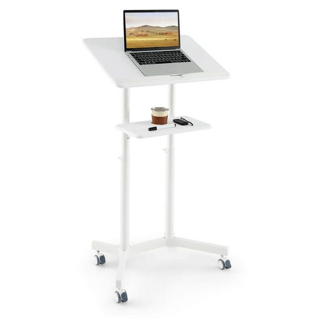 Costway 1 PCS Mobile Lectern Podium with Tilting Top Storage Tray Lockable Casters White