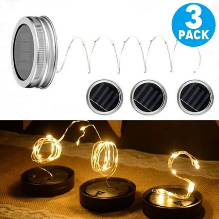 TSV Solar Mason Jar Lid Lights Waterproof, 3 Pack 10 Led String Fairy Star Firefly Jar Lids Lights for Christmas Halloween Party Wedding Deck Garden Decorative Lighting (Warm White)