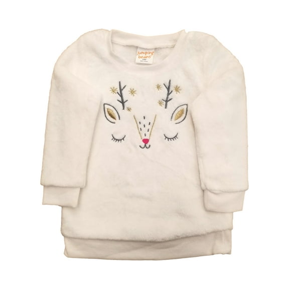 Jumping Beans Infant Girls Cream Holiday Reindeer Soft Faux Fur Sweatshirt 24M