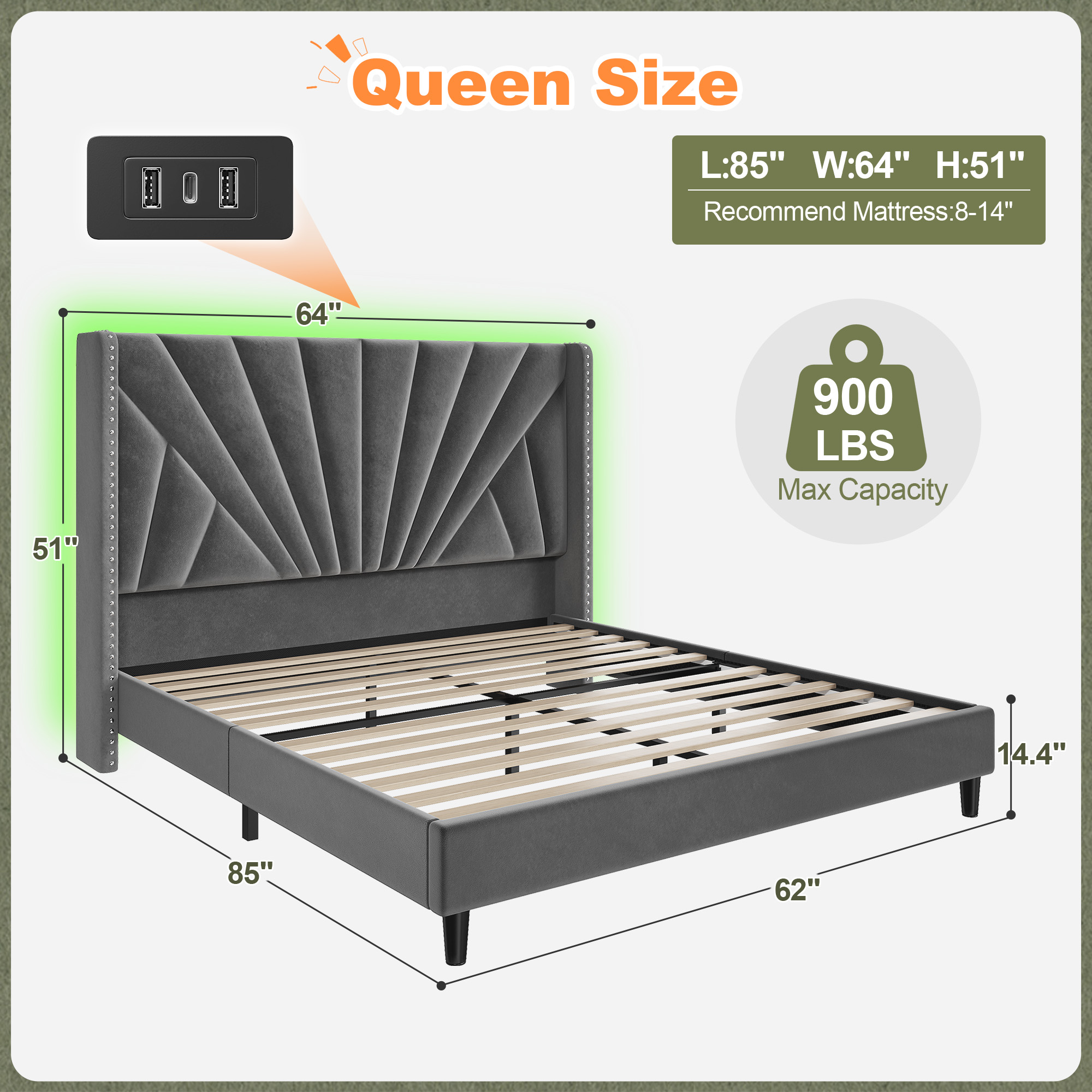 Romorgniz Queen Size Bed Frame with 51'' Tall Headboard Velvet Upholstered Bed Frame with Charging Station & LED Lights Platform Bed Frame No Box Spring Needed, Noise-Free,Grey