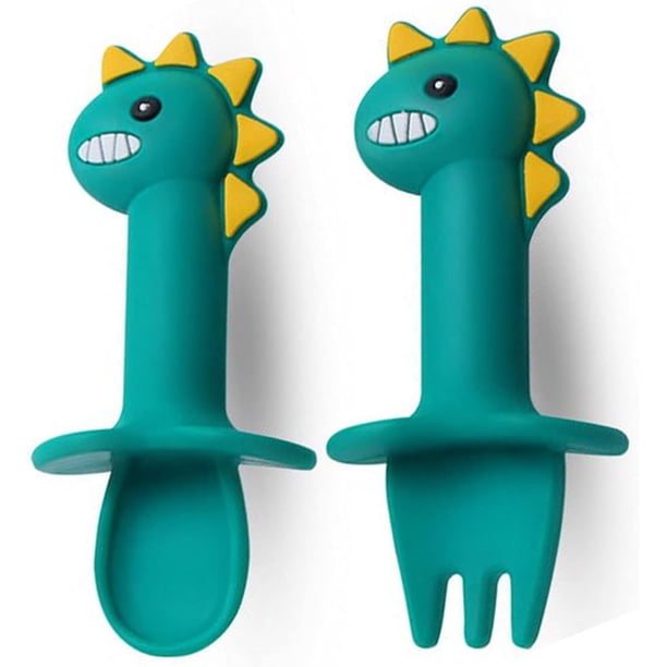 Juego de tenedor y cuchara de metal para niños pequeños con diseño de borde seguro, utensilios de entrenamiento de autoalimentación para niños pequeños, mango ergonómico de fácil agarre, protectores