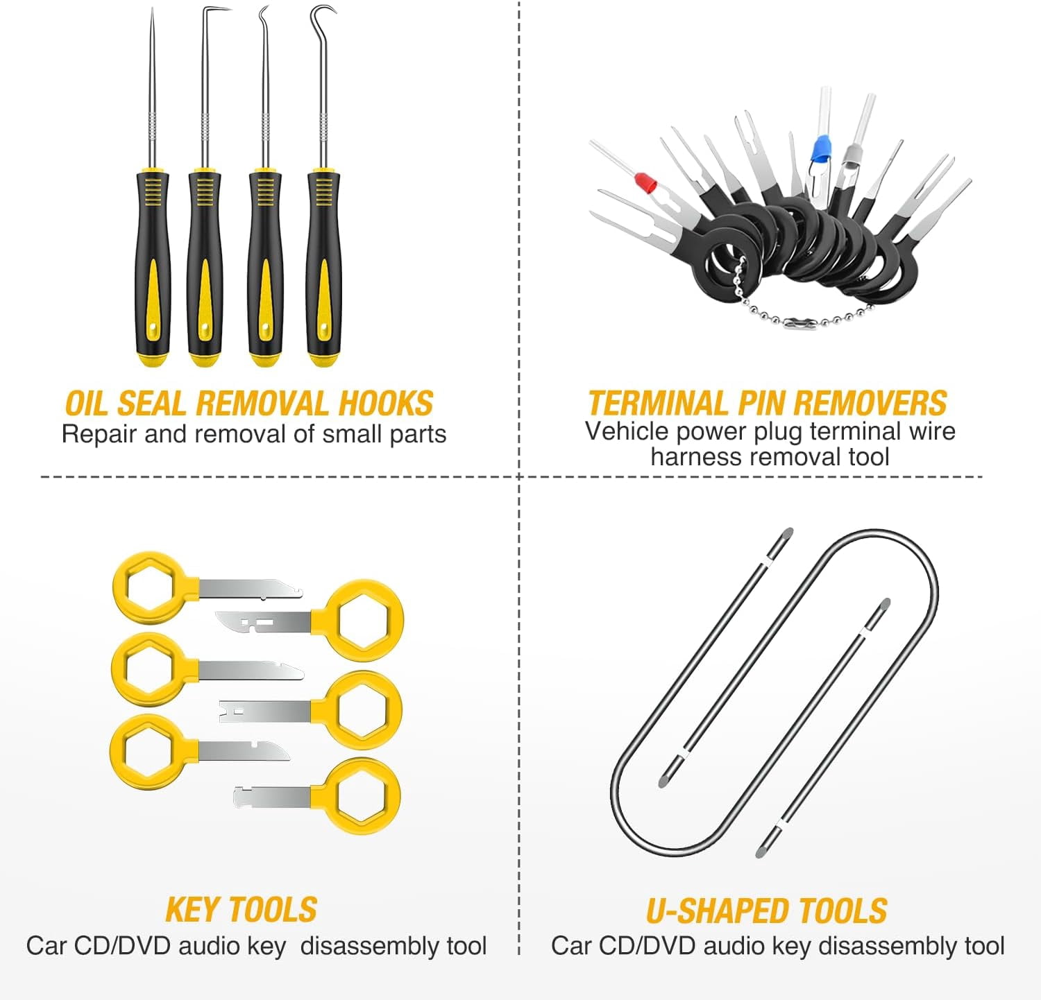 GOOACC 200Pcs Trim Removal Tool, Auto Push Pin Bumper Retainer Clip Set Fastener Terminal Remover Tool Adhesive Cable Clips Round Handle Crowbar Kit Car Panel Radio Removal Auto Clip Pliers, Yellow